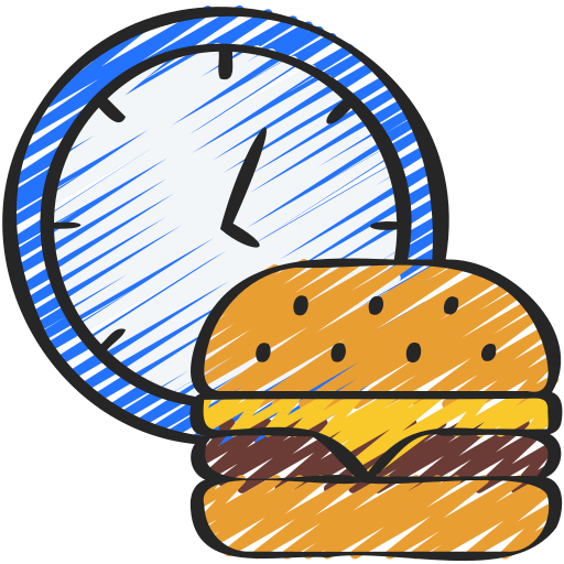 Skizzenartiges Icon einer Uhr mit einem Burger im Vordergrund