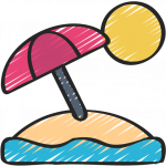 Skizzenartiges Icon eines Sonnenschirms auf einem Strandhaufen im Meer